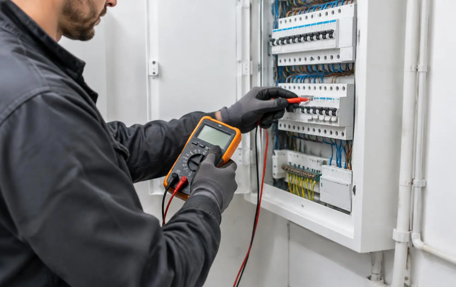 Elektroinstallateur prüft mit einem Messgerät einen Elektroverteiler