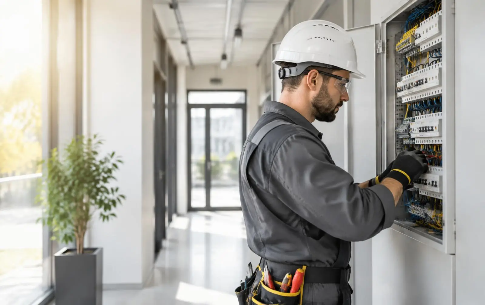 Elektriker bei einem Notdienst-Einsatz am geöffneten Verteiler